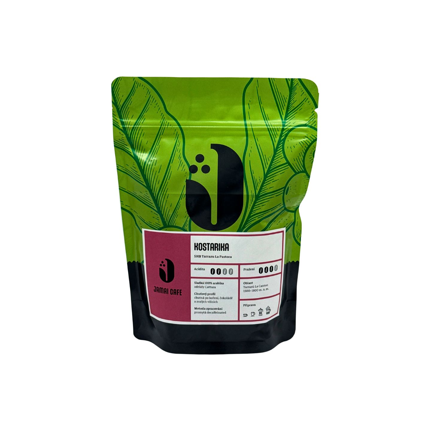 JAMAI CAFE Kostarika SHB Tarrazu La Pastora, zrnková káva 100 procent Arabica, stojací sáček s listovým motivem a vínovou etiketou.