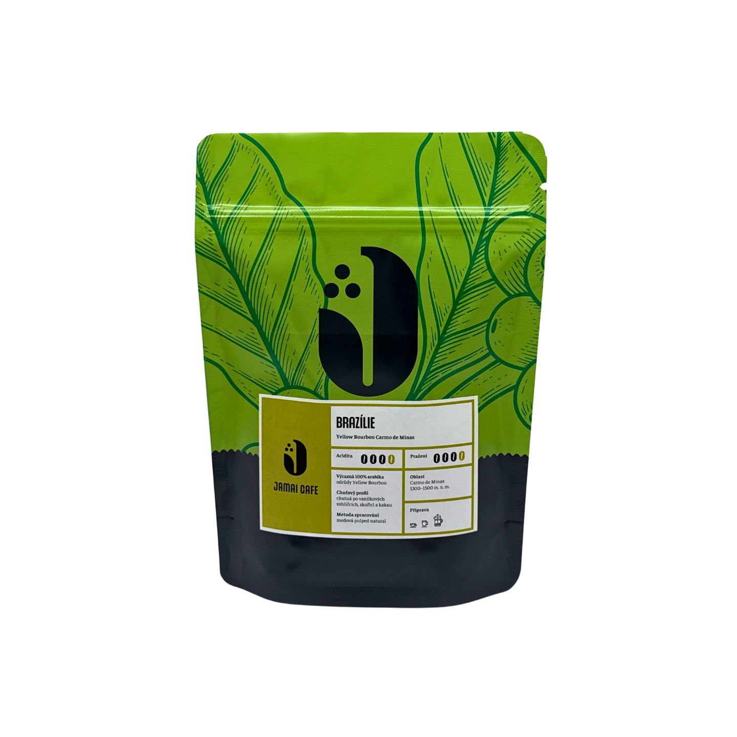 JAMAI CAFE Brazílie Yellow Bourbon Carmo de Minas, zrnková káva 100 procent Arabica, stojací sáček s listovým motivem a etiketou.