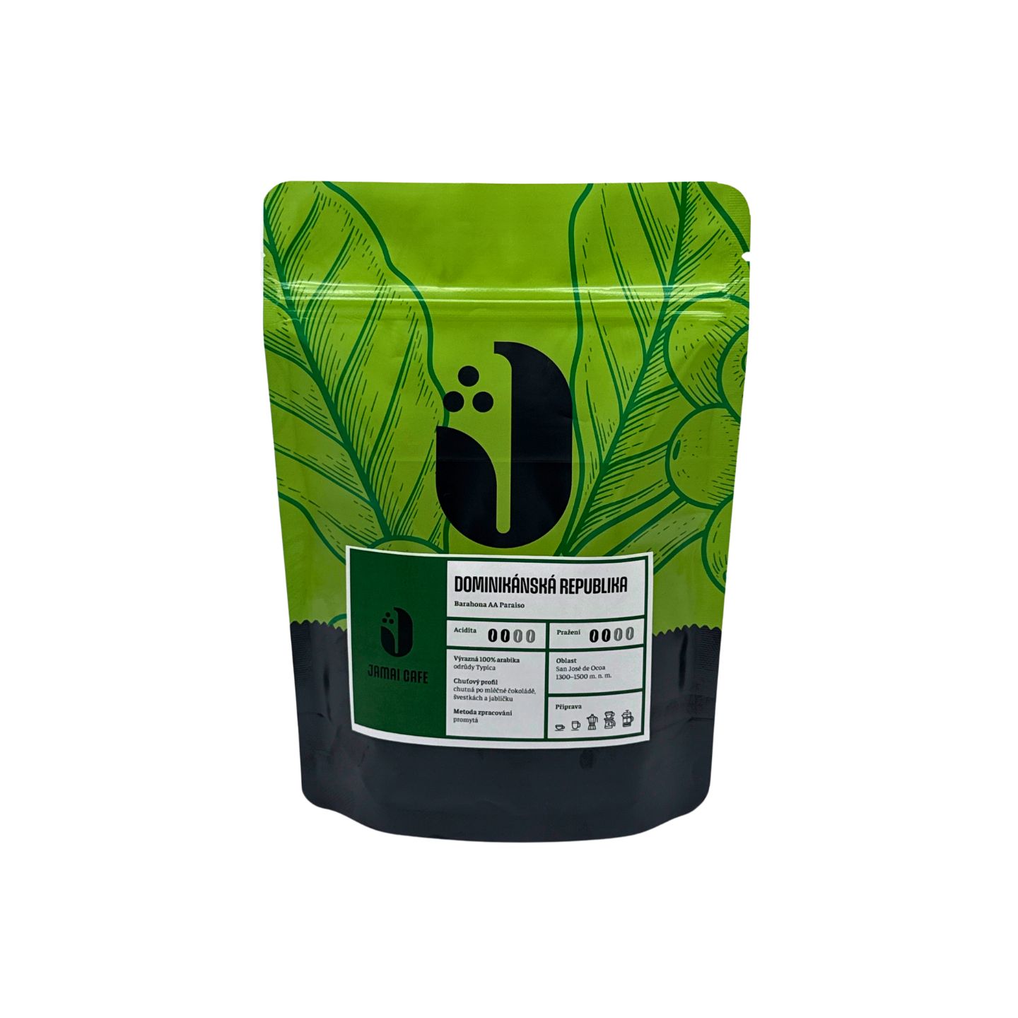 JAMAI CAFE Dominikánská republika Barahona AA Paraiso, zrnková káva 100 procent Arabica, stojací sáček s listovým motivem a zelenou etiketou.