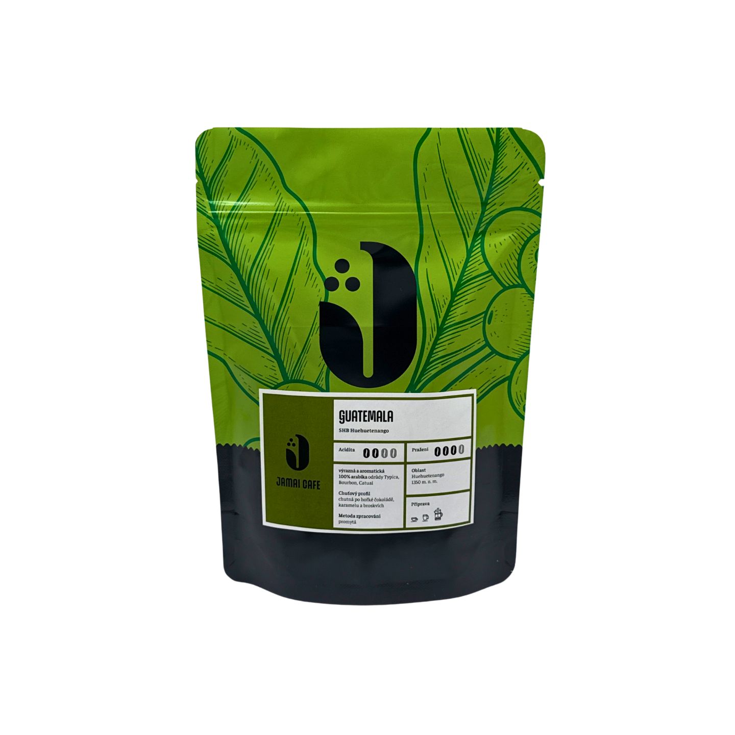 JAMAI CAFE Guatemala SHB Huehuetenango, zrnková káva 100 procent Arabica, sáček s listovým motivem a zelenou etiketou.