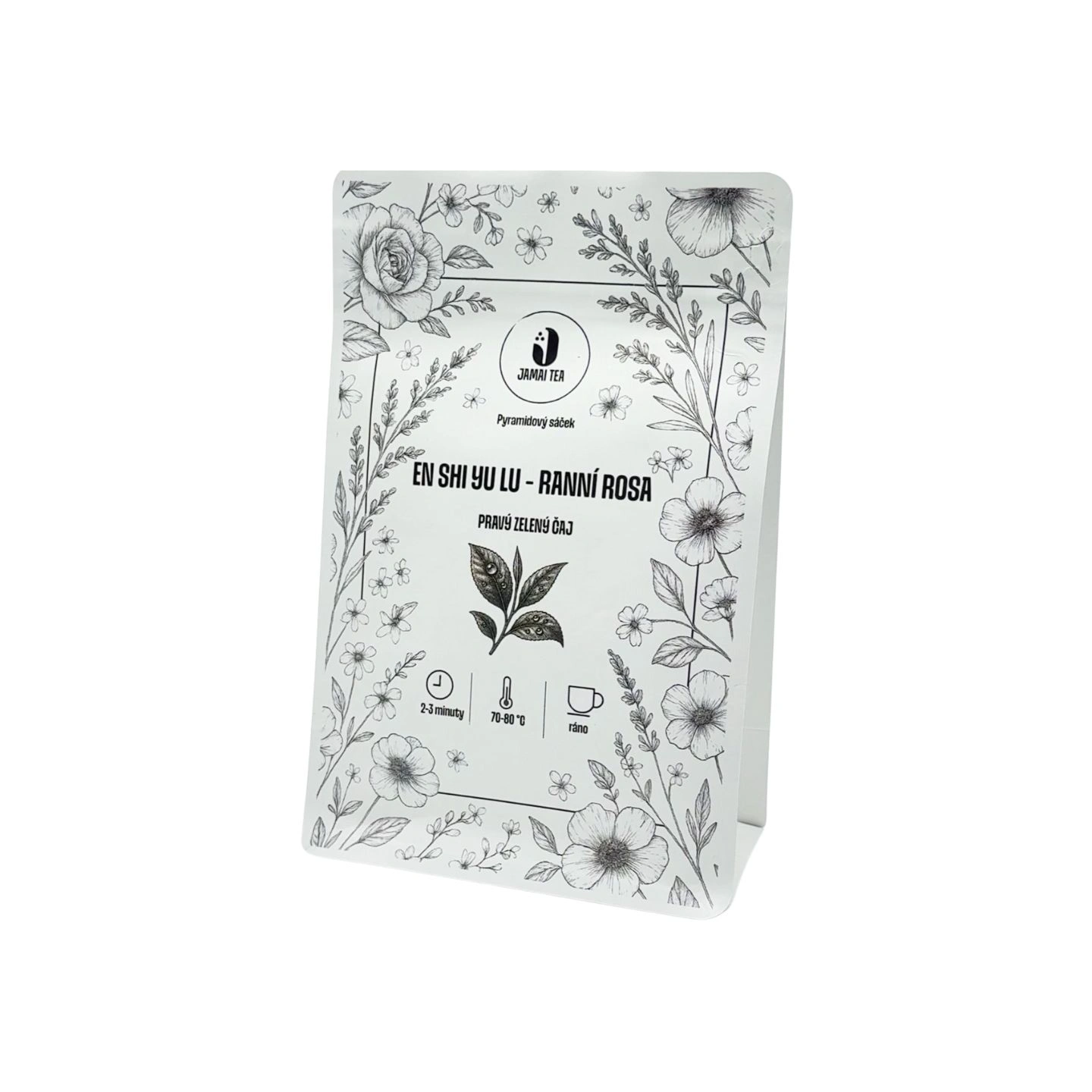 Balení sypaného zeleného čaje En Shi Yu Lu Ranní Rosa od Jamai Tea, hnědý papírový obal se zeleně laděnou ilustrací čajových lístků uprostřed.