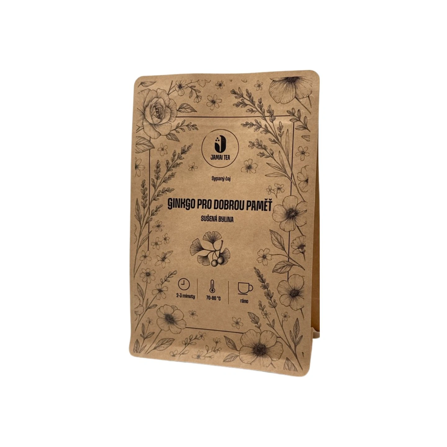 Balení sypaného čaje Ginkgo pro dobrou paměť značky Jamai Tea, přírodní hnědý papírový obal s květinovou ilustrací a motivem ginkga uprostřed.