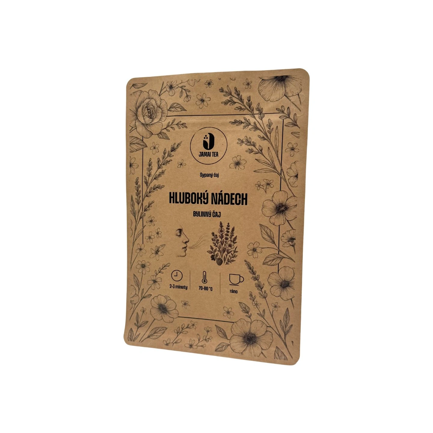 Balení sypaného bylinného čaje Hluboký nádech od Jamai Tea, hnědý papírový obal s černou květinovou ilustrací a motivem bylin uprostřed.