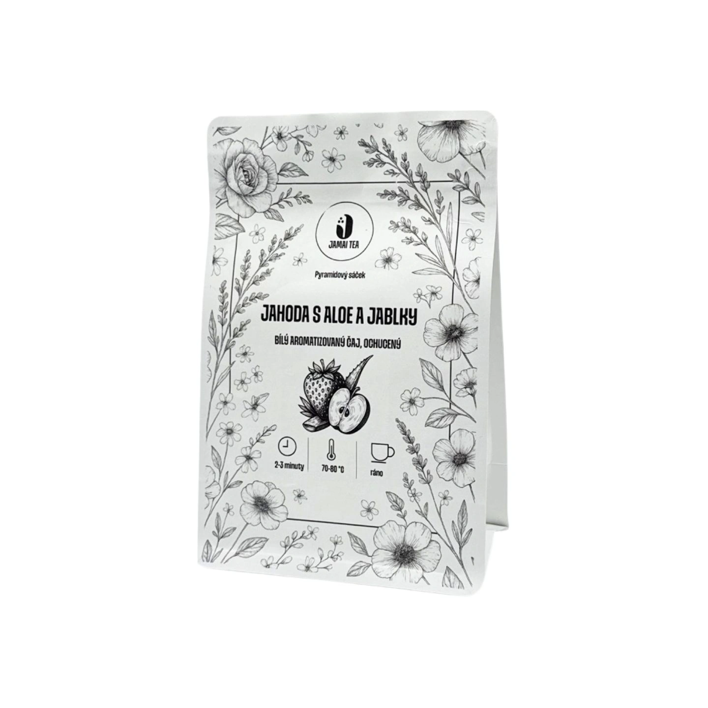 Balení ovocného čaje Jahoda s aloe a jablky od Jamai Tea, hnědý papírový obal s červenou ilustrací jahod, aloe a jablek uprostřed.