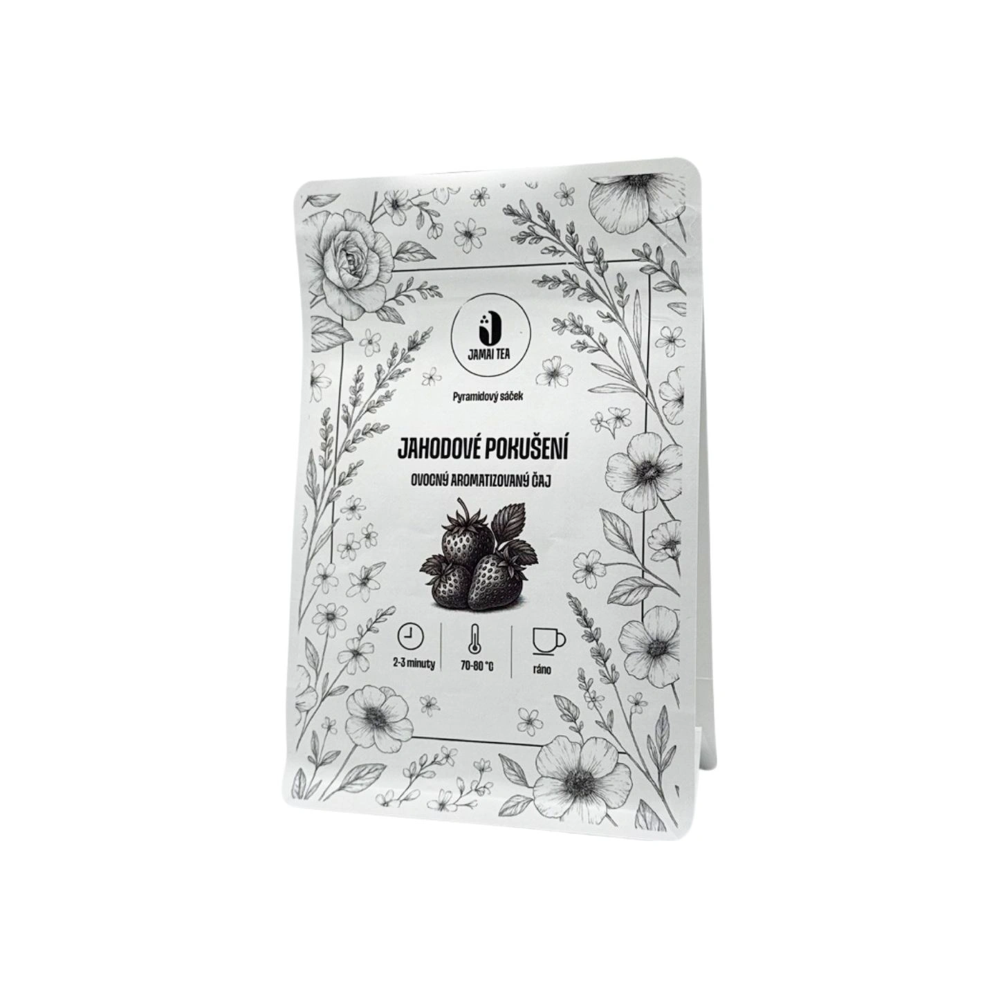 Balení ovocného čaje Jahodové pokušení od Jamai Tea, hnědý papírový obal s červenou ilustrací čerstvých jahod uprostřed.