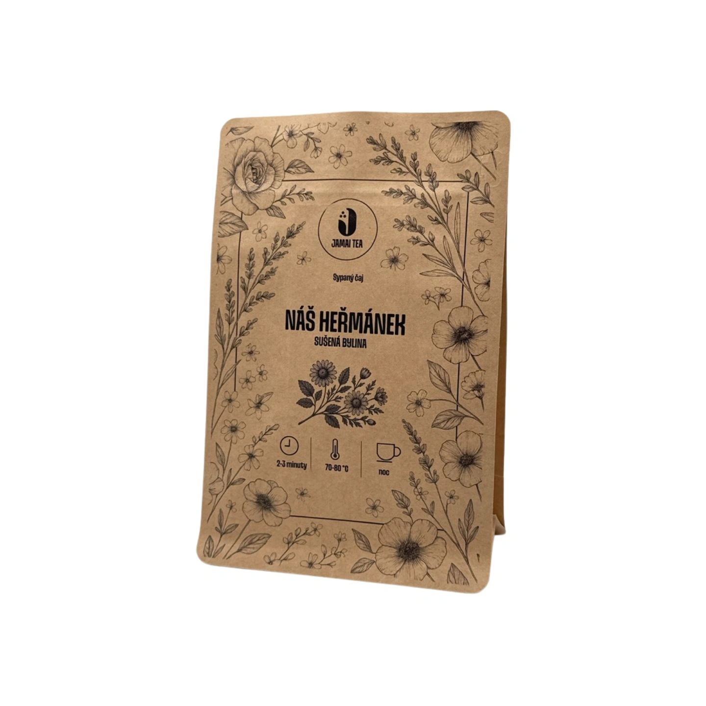 Balení sypaného bylinného čaje Náš heřmánek od Jamai Tea, hnědý papírový obal s jemnou květinovou ilustrací a motivem květu heřmánku uprostřed.