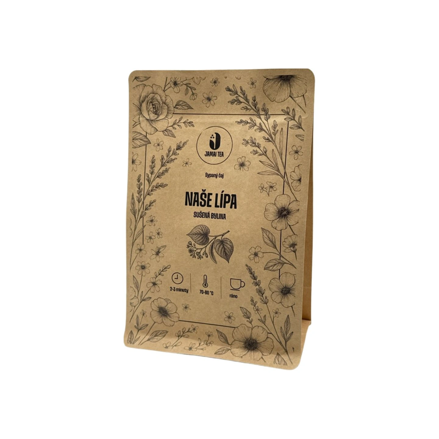 Balení sypaného bylinného čaje Naše lípa od Jamai Tea, hnědý papírový obal s květinovou ilustrací a motivem lipových květů uprostřed.