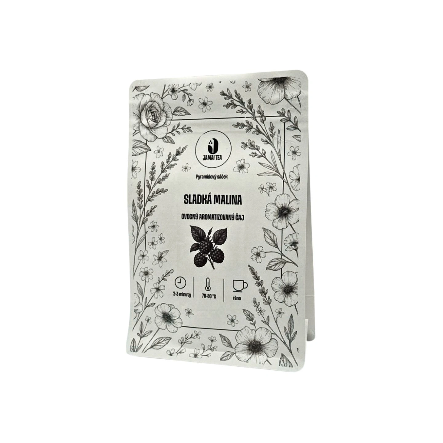Balení ovocného čaje Sladká malina od Jamai Tea, hnědý papírový obal s růžovočervenou ilustrací malin a jemným dekorativním motivem.
