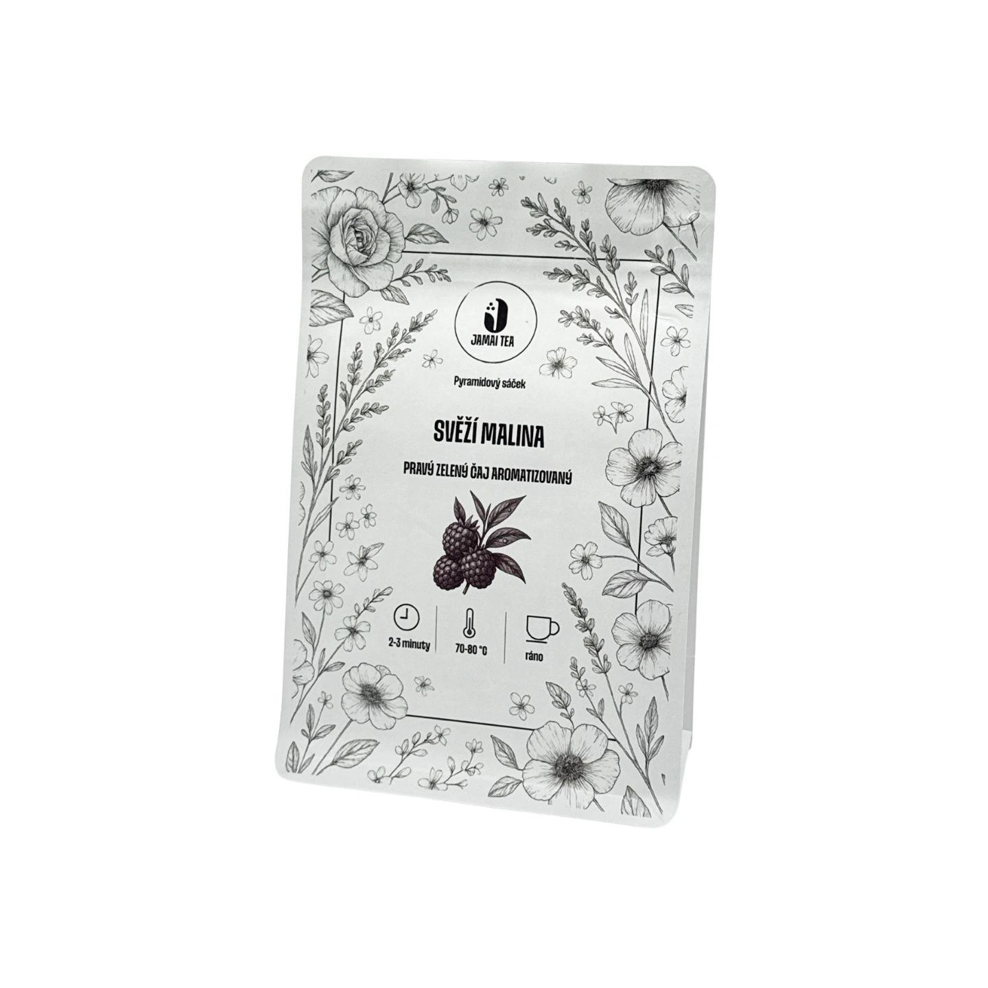 Balení ovocného čaje Svěží malina od Jamai Tea, hnědý papírový obal s červenou ilustrací malin a doplňujícím jemným dekorativním motivem.
