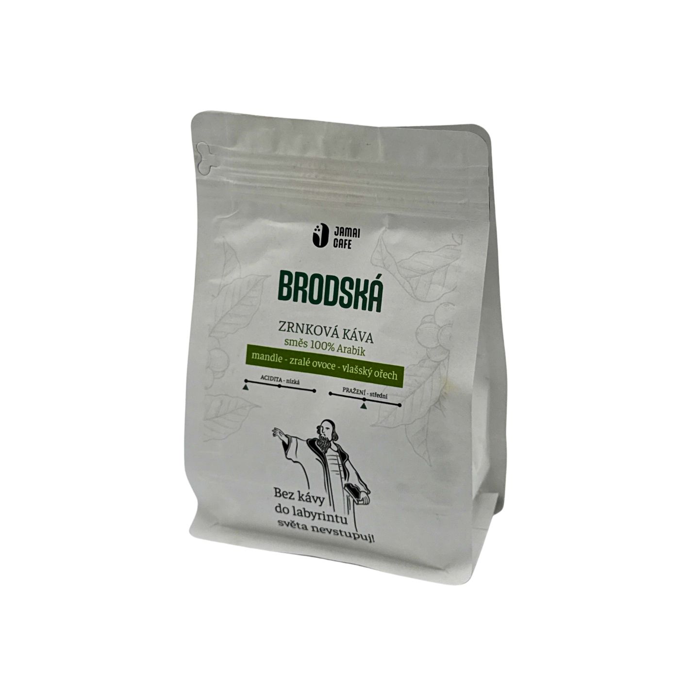 JAMAI CAFE Brodská, zrnková káva 100 procent Arabica, střední pražení, tóny mandlí a vlašského ořechu, světlý sáček s ilustrací.
