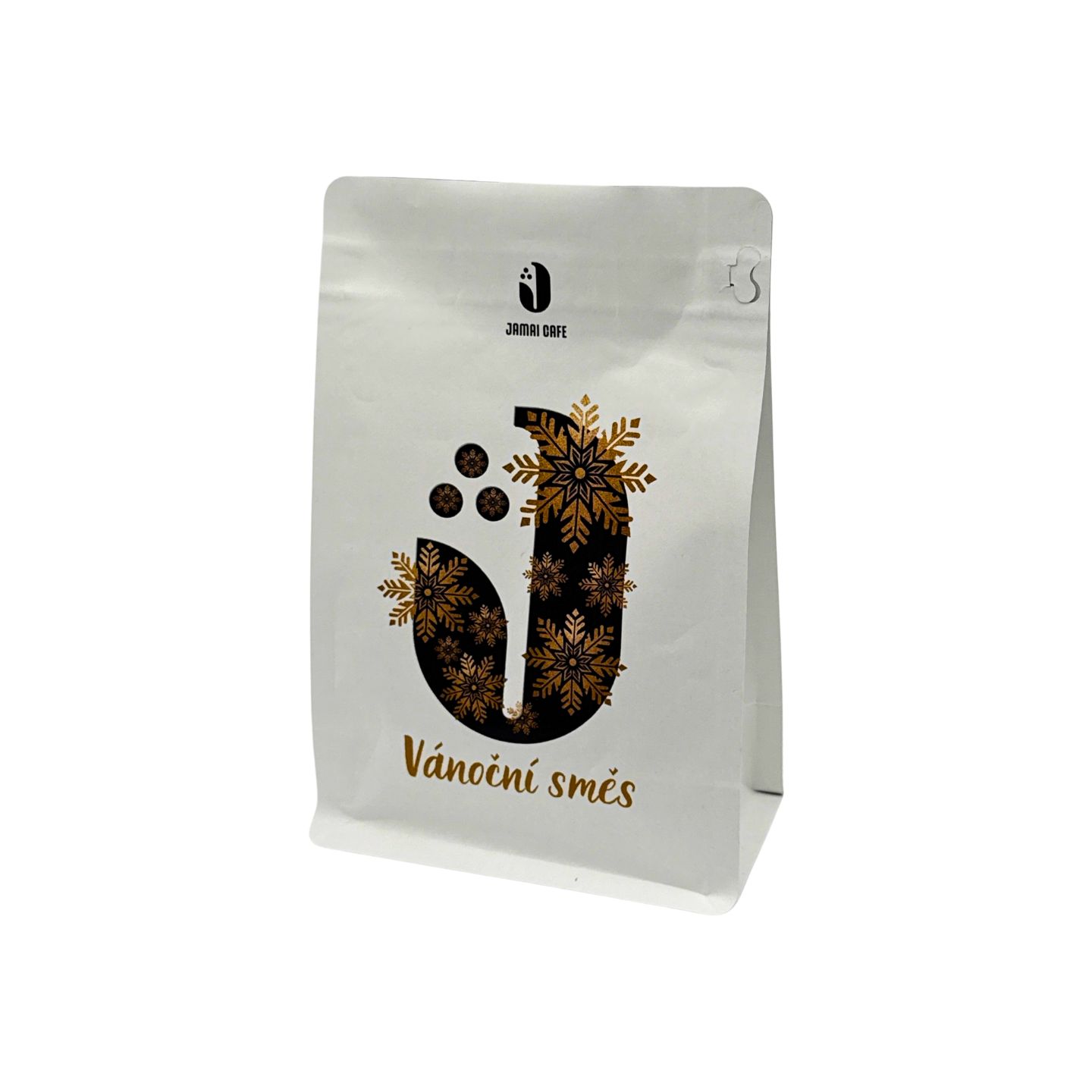 JAMAI CAFE Vánoční směs, zrnková káva s vánočním motivem, bílý stojací sáček s logem zdobeným sněhovými vločkami.