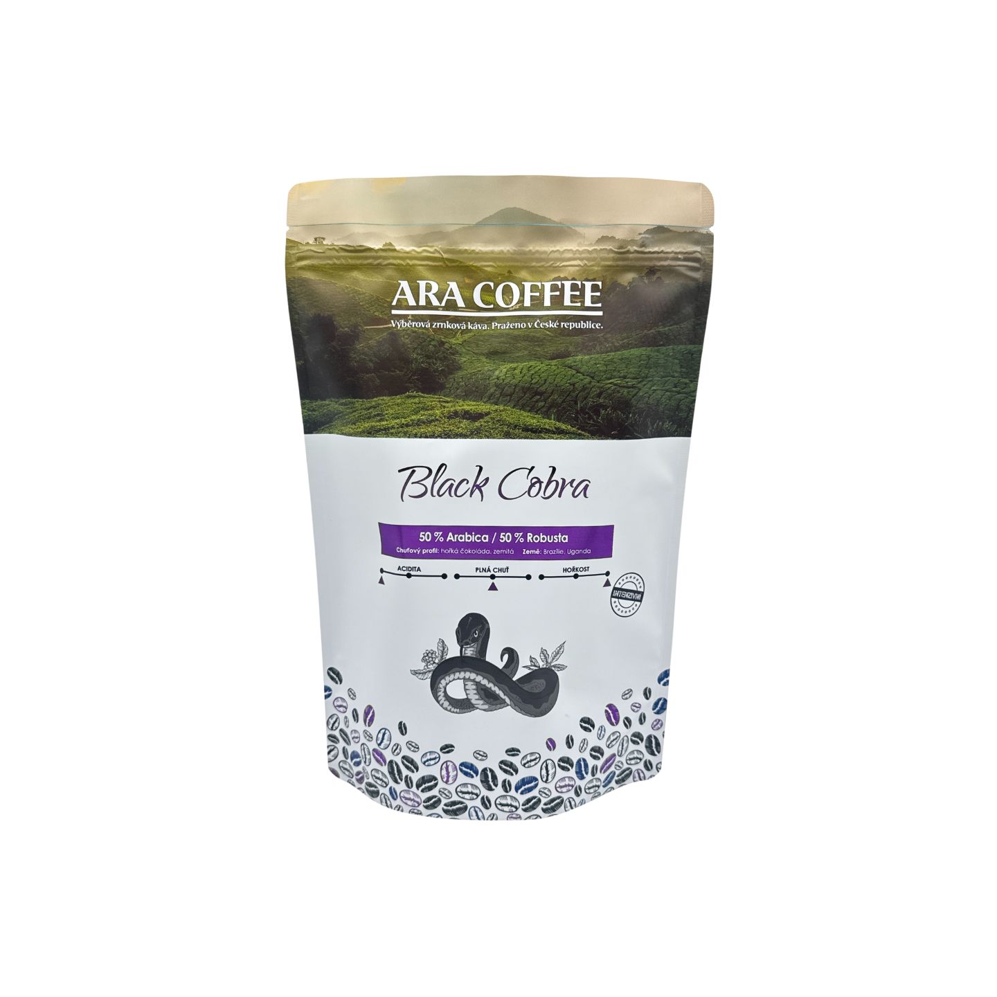 ARA COFFEE Black Cobra, zrnková káva 50 % Arabica a 50 % Robusta, praženo v České republice, sáček s ilustrací kobry.