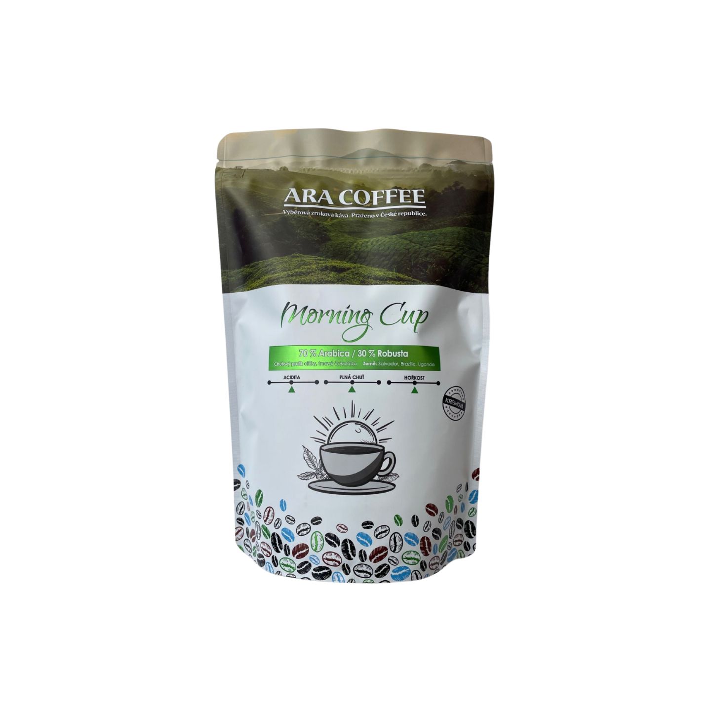 ARA COFFEE Morning Cup, zrnková káva, směs 70 procent Arabica a 30 procent Robusta, praženo v ČR, stojací sáček s potiskem šálku.