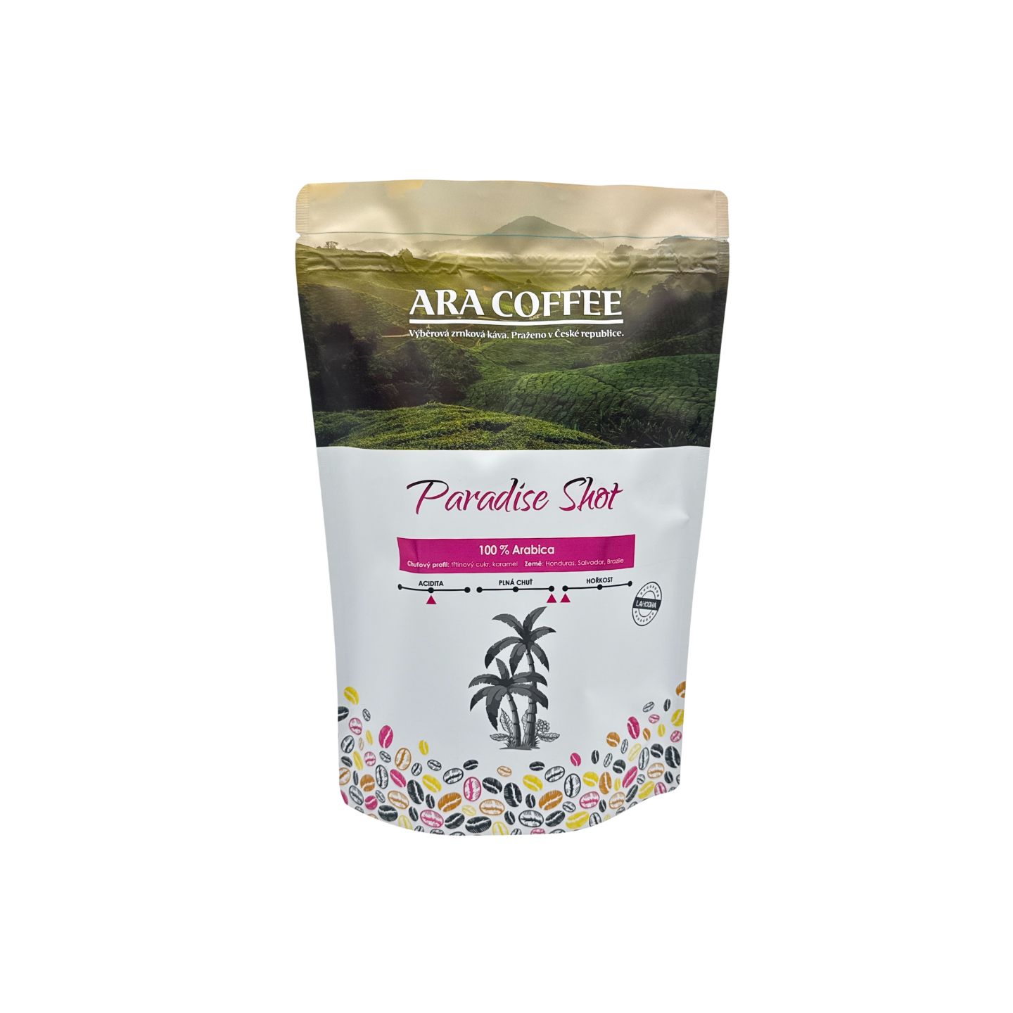 ARA COFFEE Paradise Shot, zrnková káva 100 procent Arabica, praženo v ČR, stojací sáček s ilustrací palmy.