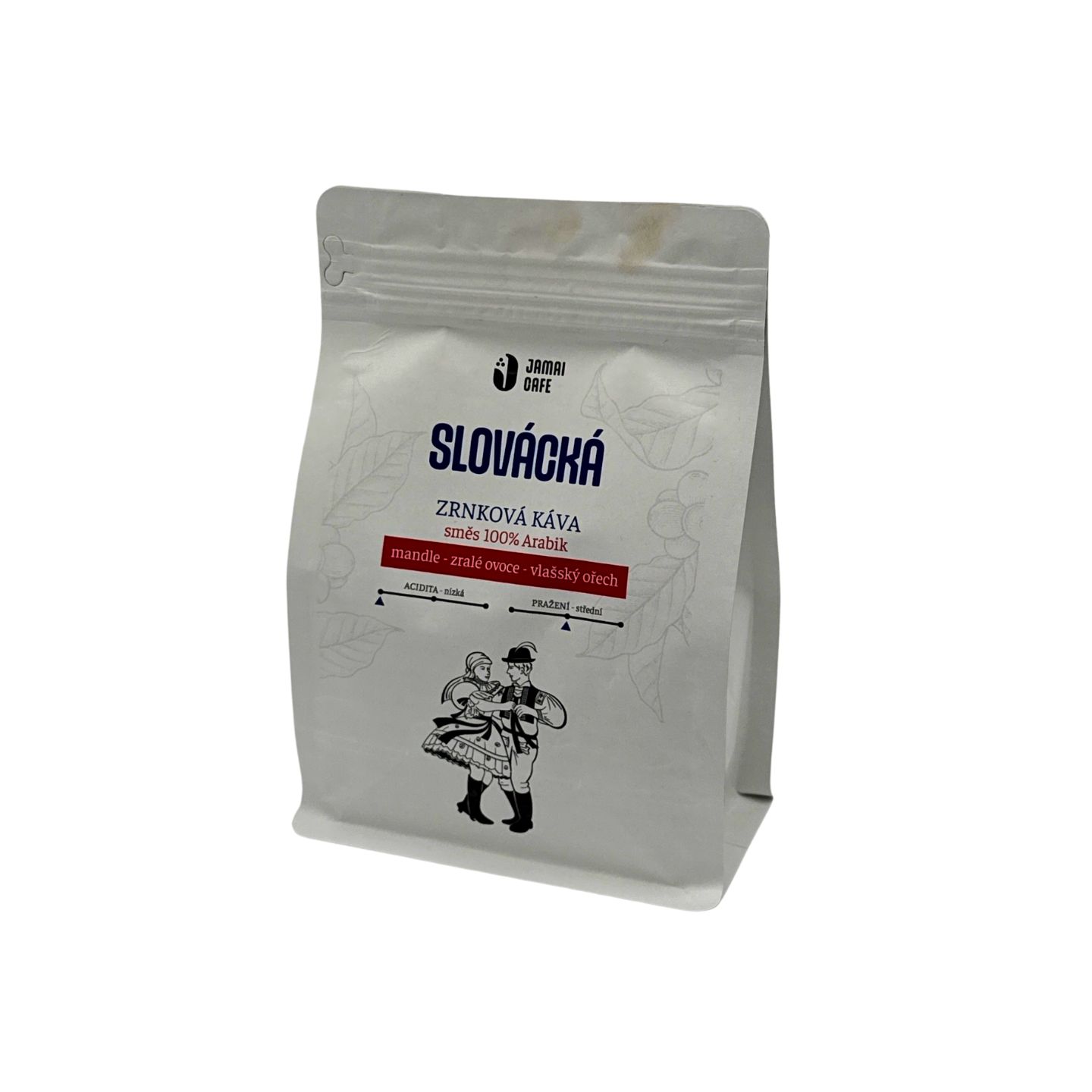 JAMAI CAFE Slovácká, zrnková káva 100 procent Arabica, střední pražení, tóny mandlí a vlašského ořechu, světlý sáček s folklorním párem.