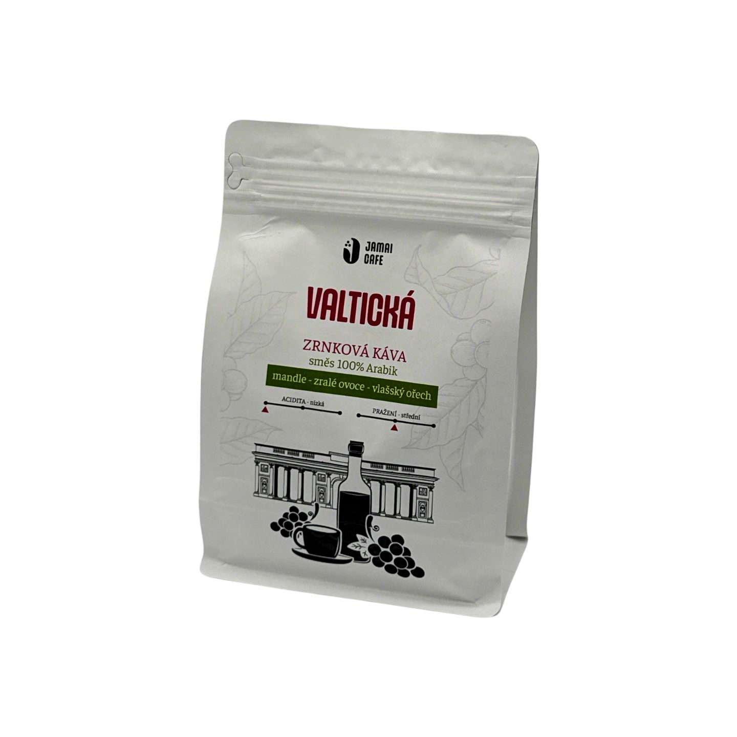 JAMAI CAFE Valtická, zrnková káva 100 procent Arabica, střední pražení, mandle a vlašský ořech, světlý sáček s motivem zámku a hroznů.