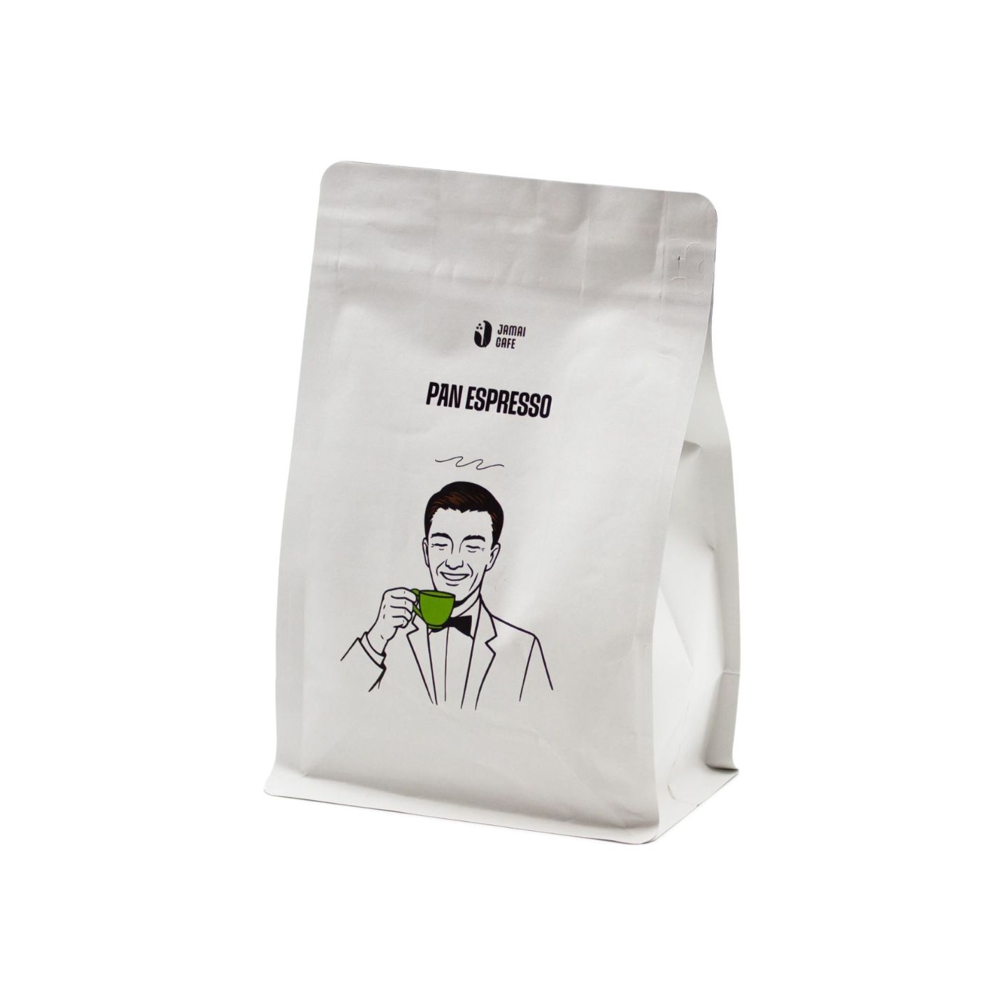 JAMAI CAFE Pan Espresso, zrnková káva pro espresso, bílý sáček s ilustrací muže se zeleným šálkem.