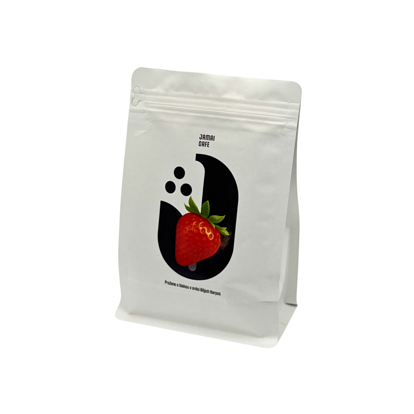 JAMAI CAFE Jahoda, macerovaná káva Sumatra Infused, bílý stojací sáček s logem a obrázkem jahody.