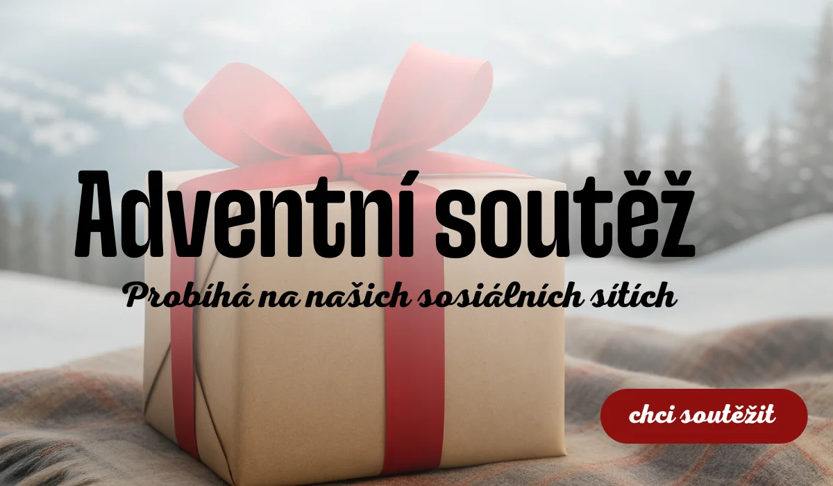 Dárek převázaný červenou stuhou v zasněžené krajině, velký nápis Adventní soutěž, podtitul Probíhá na našich sociálních sítích a tlačítko Chci soutěžit