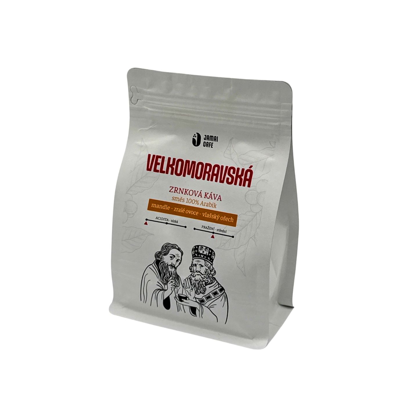 Stojací sáček zrnkové kávy Velkomoravská od Jamai Cafe, 100 procent arabika, chuťové tóny mandle, zralé ovoce, vlašský ořech, nízká acidita, střední pražení.