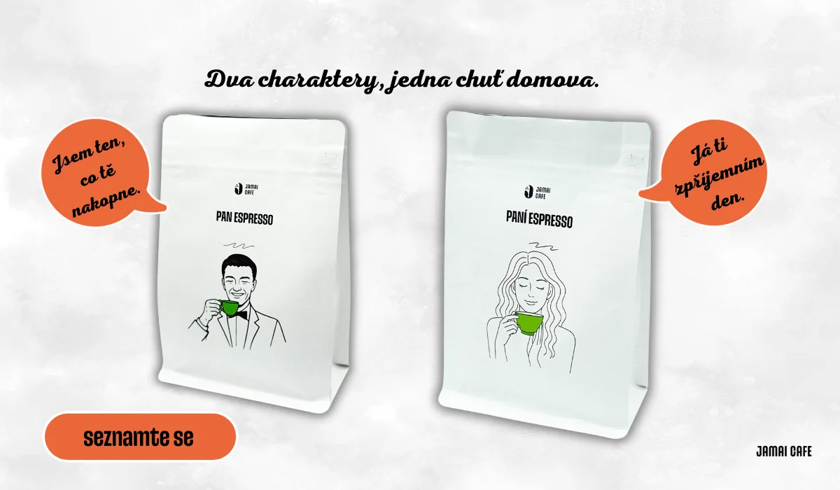 Dva bílé sáčky kávy Jamai Cafe vedle sebe, vlevo Pan Espresso s ilustrací muže s hrnkem, vpravo Paní Espresso s ilustrací ženy s hrnkem, nad nimi slogan Dva charaktery, jedna chuť domova a po stranách dvě barevné bubliny s krátkými větami. Dole tlačítko seznamte se.