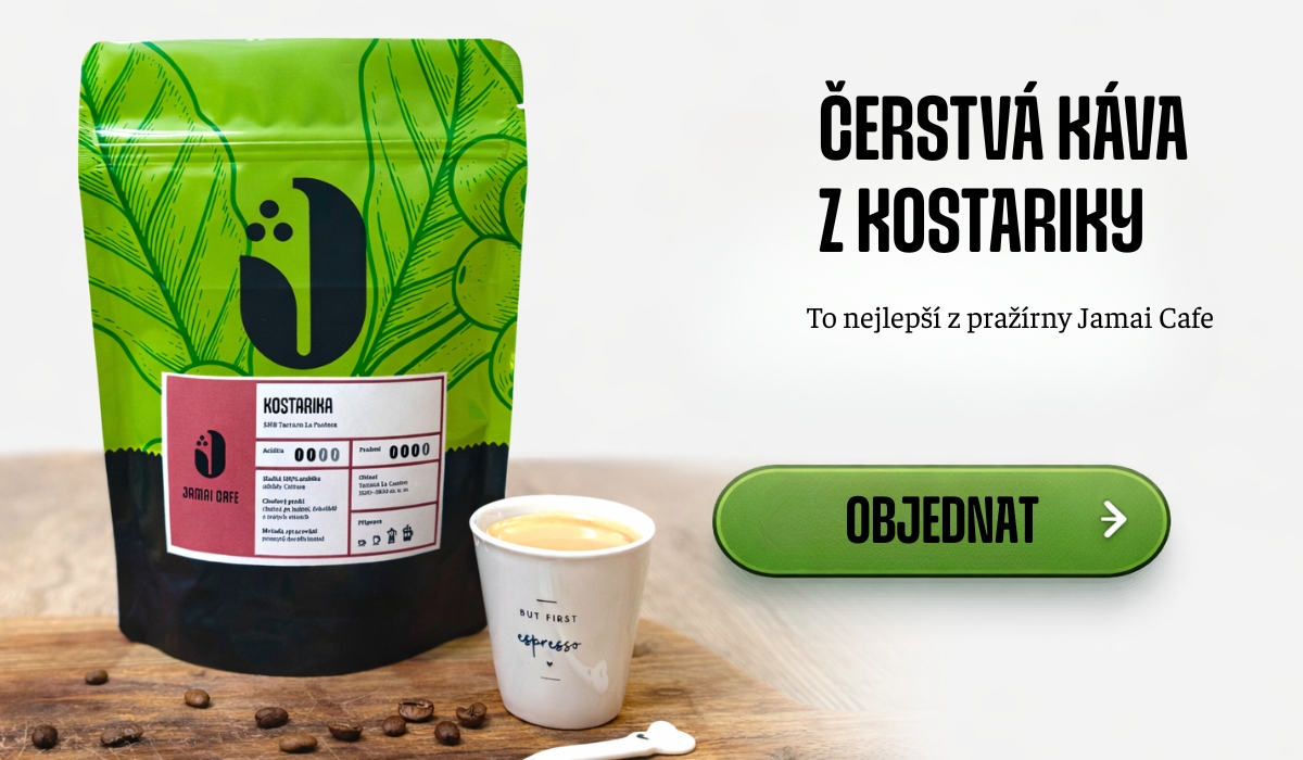 Dva bílé sáčky kávy Jamai Cafe vedle sebe, vlevo Pan Espresso s ilustrací muže s hrnkem, vpravo Paní Espresso s ilustrací ženy s hrnkem, nad nimi slogan Dva charaktery, jedna chuť domova a po stranách dvě barevné bubliny s krátkými větami. Dole tlačítko seznamte se.