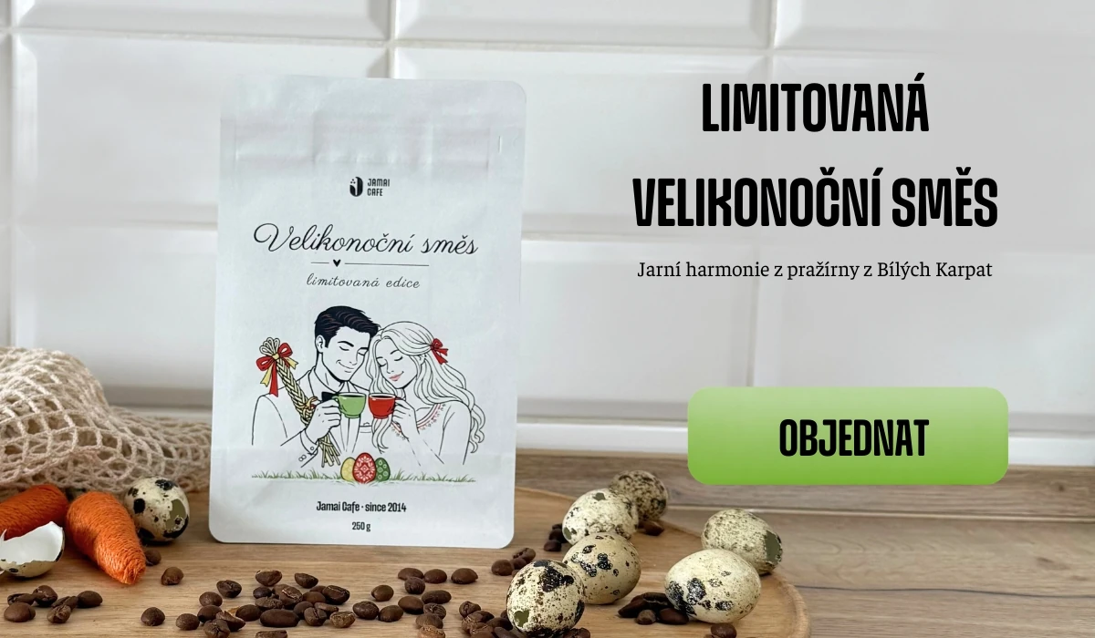 Dva bílé sáčky kávy Jamai Cafe vedle sebe, vlevo Pan Espresso s ilustrací muže s hrnkem, vpravo Paní Espresso s ilustrací ženy s hrnkem, nad nimi slogan Dva charaktery, jedna chuť domova a po stranách dvě barevné bubliny s krátkými větami. Dole tlačítko seznamte se.